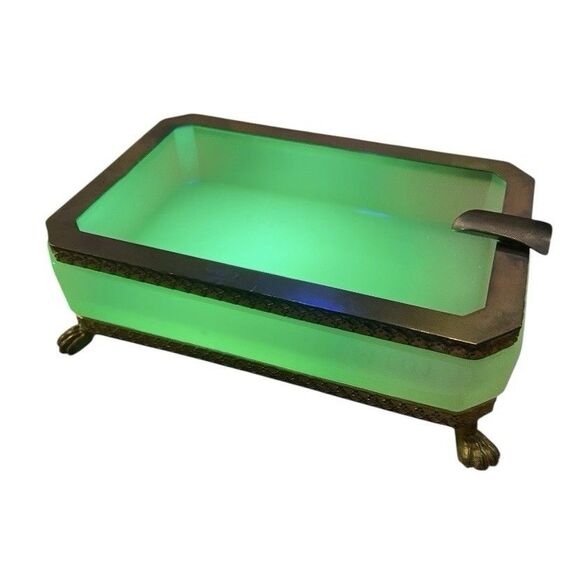 Rare Uranium Glass Ashtray Gilt Ormolu Mounts Mid Century - Picture 1 of 2